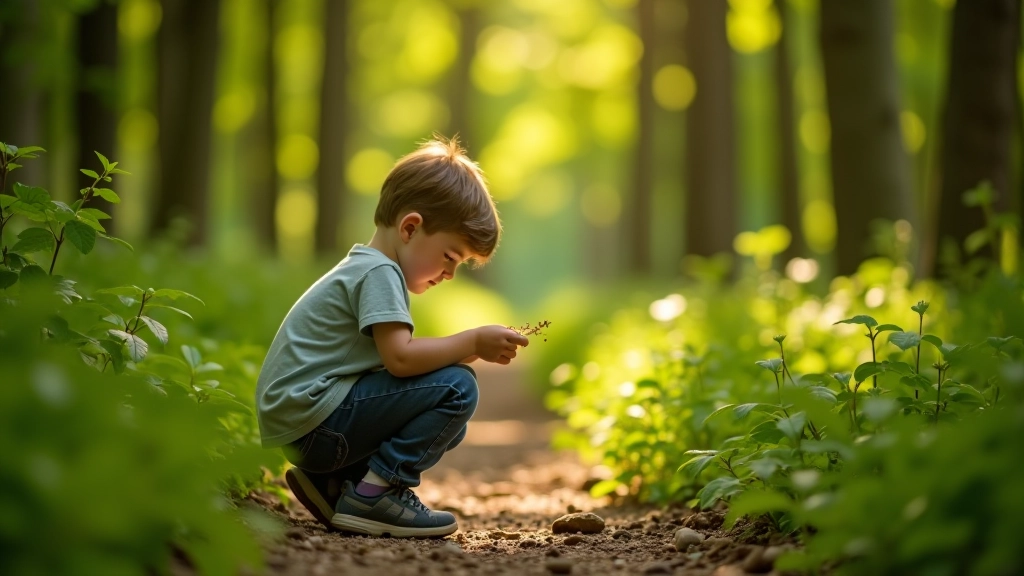 Child examining tree bark and plants on a nature trail with education signage