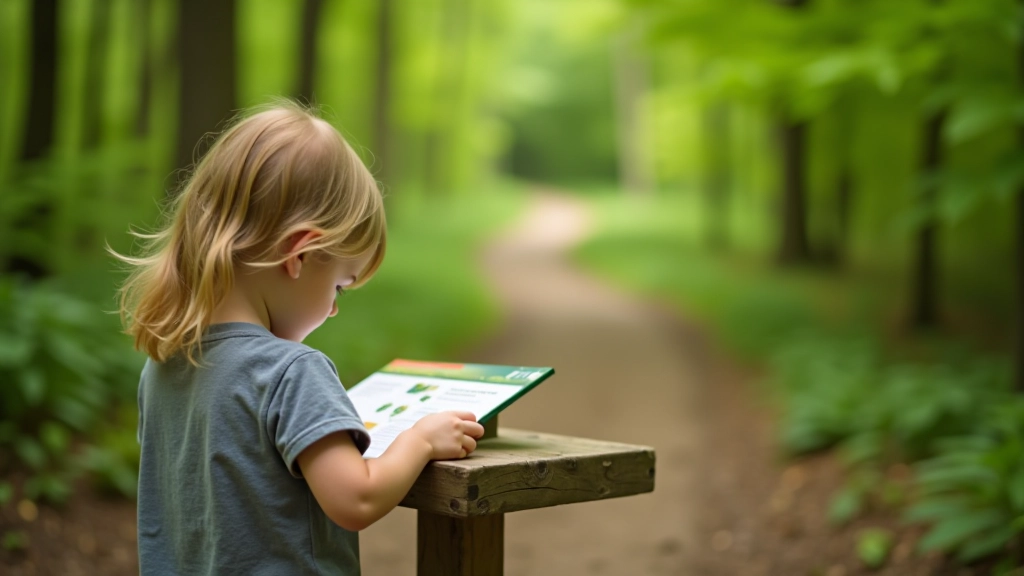 Child examining educational trail marker showing information about local plants and wildlife in nature