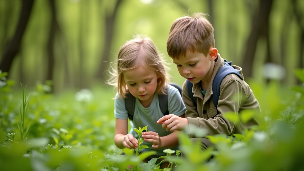 Children walking on nature trail discovering natural elements like plants and insects during educational outdoor activity