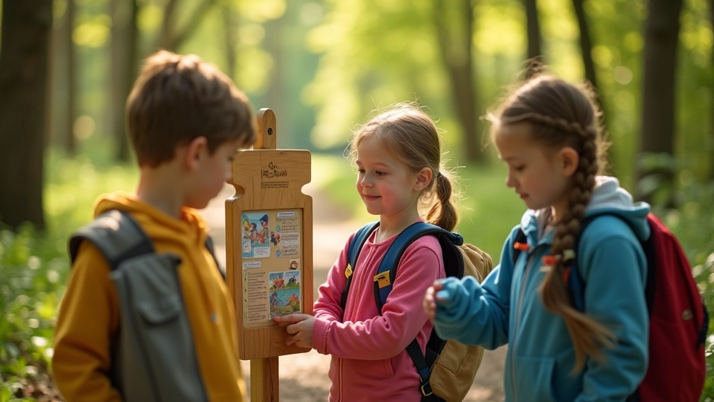 Children on a nature trail examining educational information board with illustrations and facts about local wildlife and plants