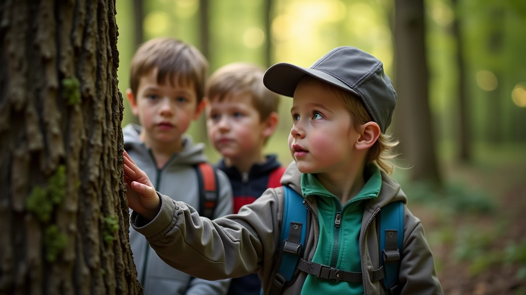 Group of children on a nature trail, examining a tree bark closely and discussing observations, engaged and curious learning experience
