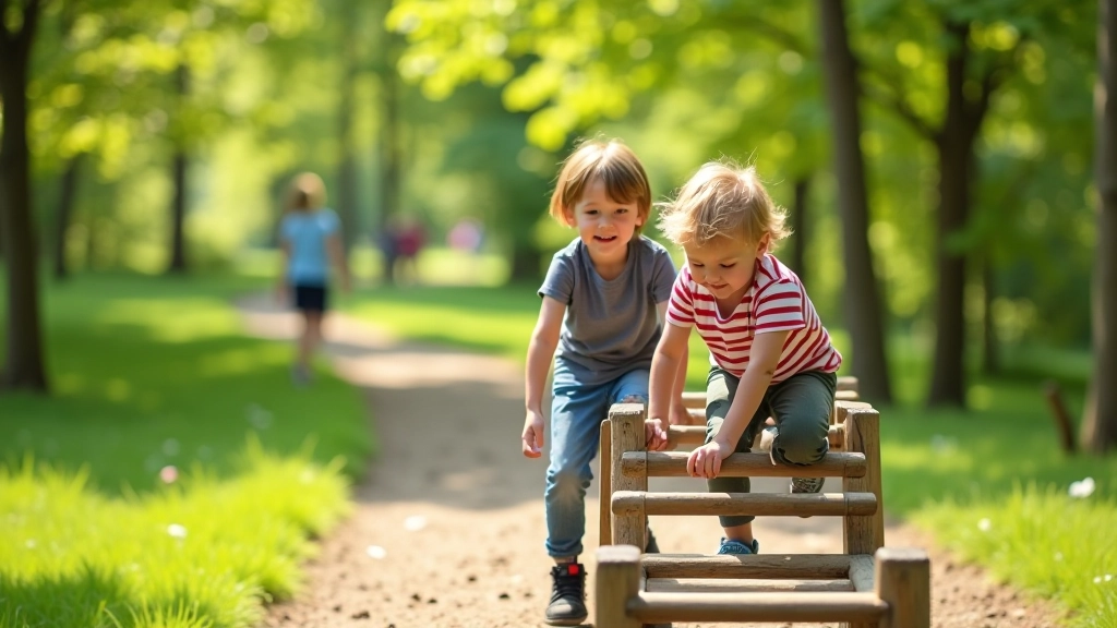 Children playing at a modern playground with equipment and seating area adjacent to a nature trail