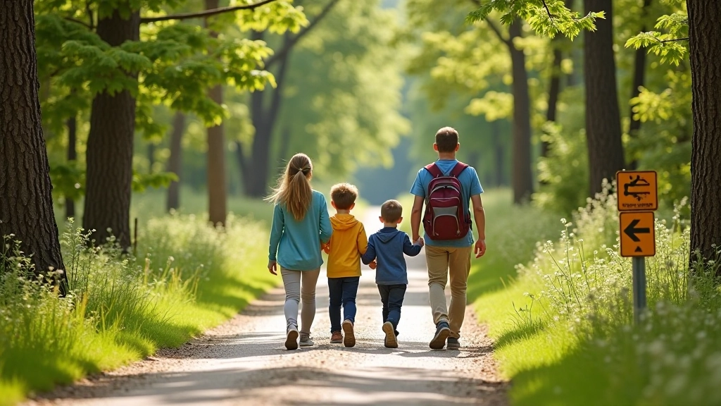 Family of four walking together on a scenic forest trail, children and parents on a maintained path surrounded by trees and natural vegetation