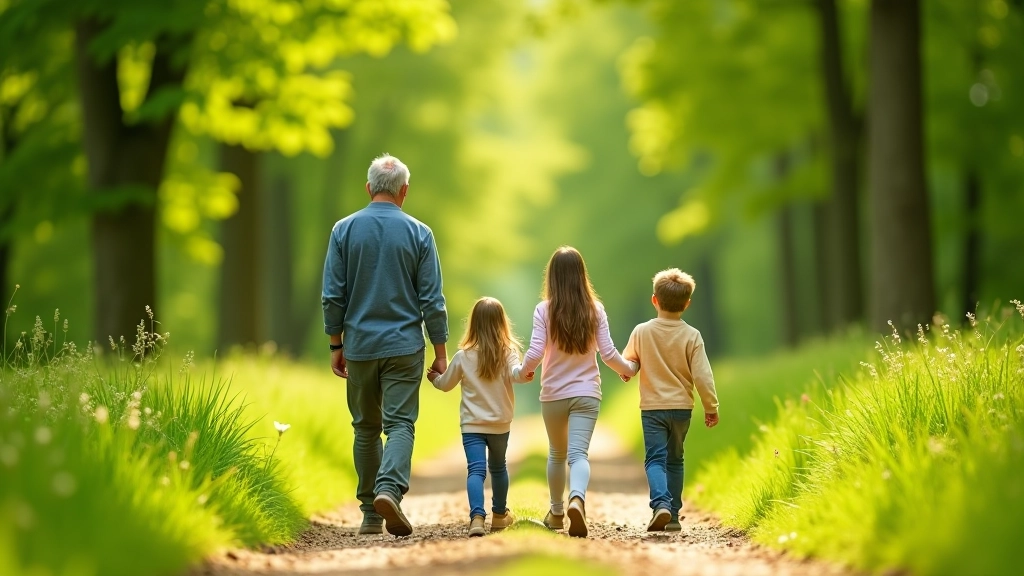 Family walking together on a nature trail with trees and clear path ahead
