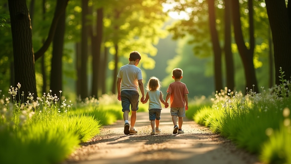 Family hiking on a forest trail in Czech Republic