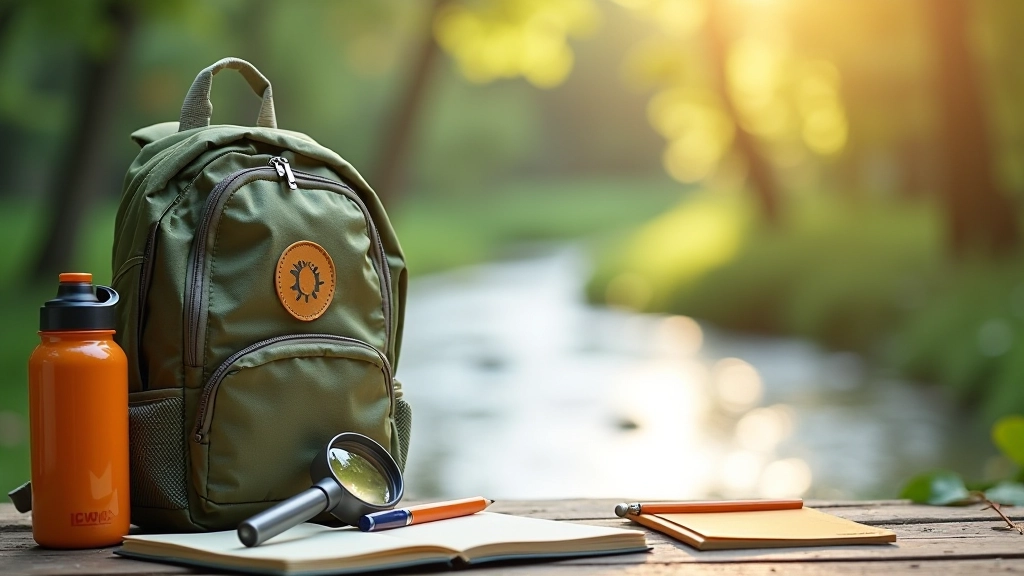 Child's backpack with water bottle, notebook, pencil, and magnifying glass laid out on a wooden surface, preparing for a nature trail adventure