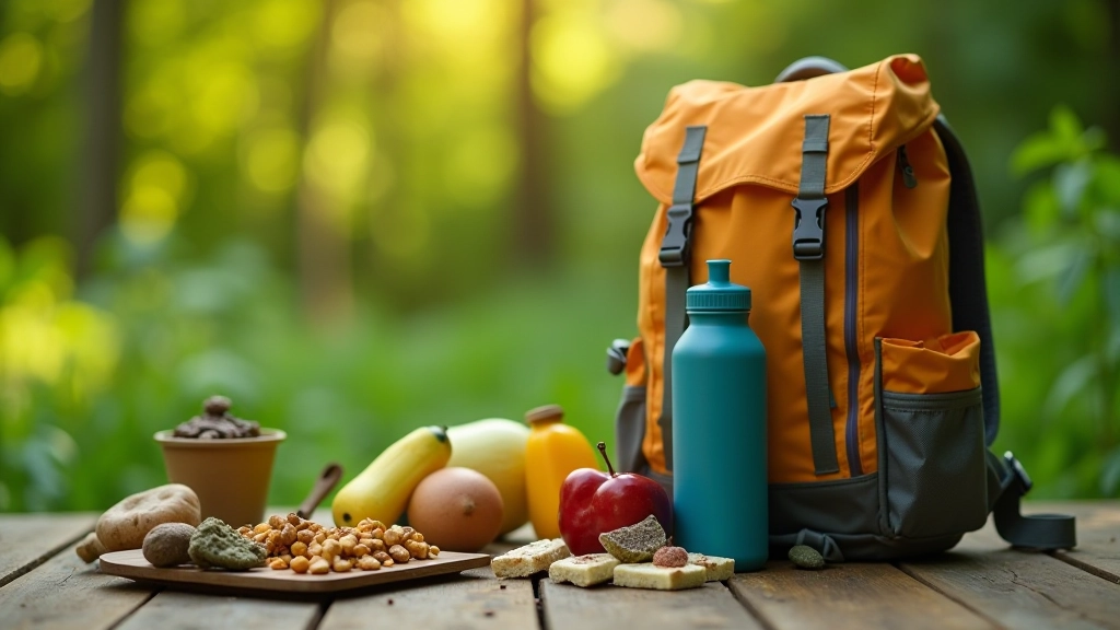Backpack and water bottles prepared for a family day hike with snacks visible