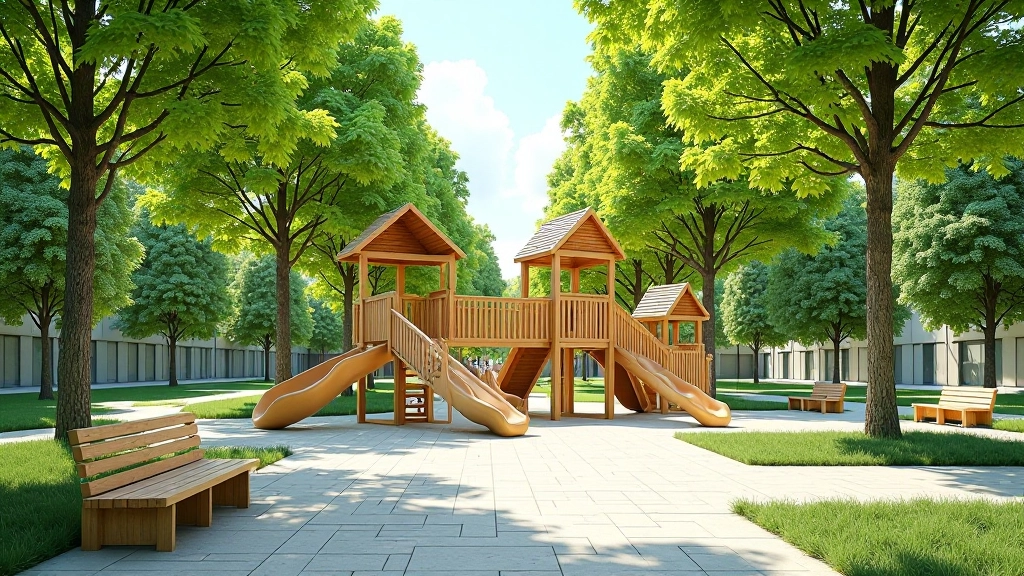 Playground with wooden equipment, shade trees, and seating areas for parents watching children