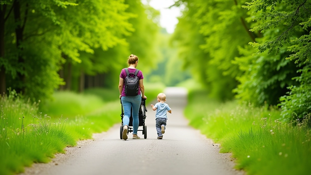 Mother and young child on a wide paved trail surrounded by green trees and natural vegetation