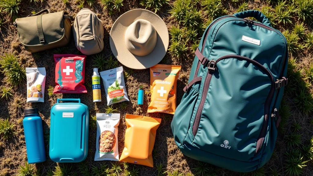 Backpack and hiking gear laid out including water bottles, snacks, sun protection, and first aid essentials for family trail