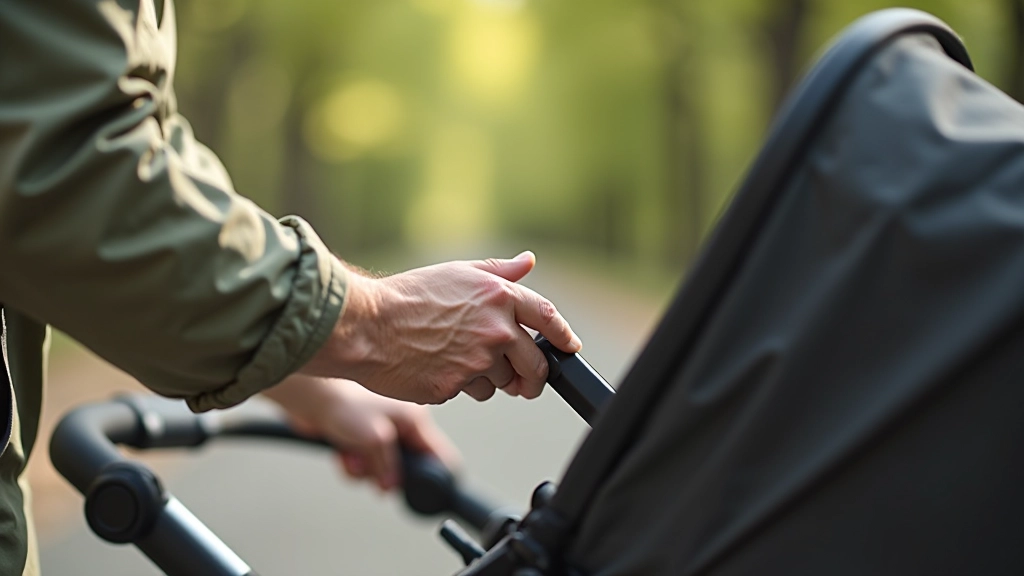 Close-up of parent's hands adjusting stroller canopy in sunlight while walking on trail, protective gear visible