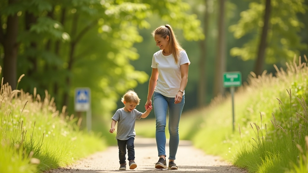 Parent helping young child navigate a gentle trail section with clear signage marking the way forward