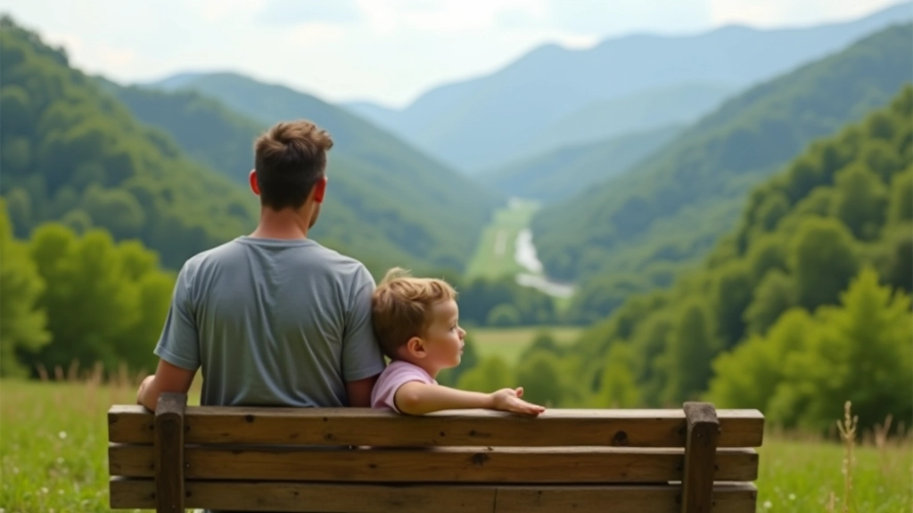 Parent and child sitting on a bench overlooking a scenic valley with rolling hills and green forest landscape in the distance