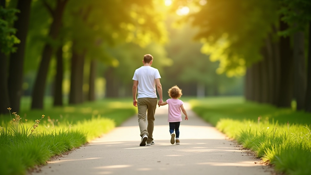 Parent and toddler walking on wide paved trail in park with trees providing natural shade and clear sightlines ahead