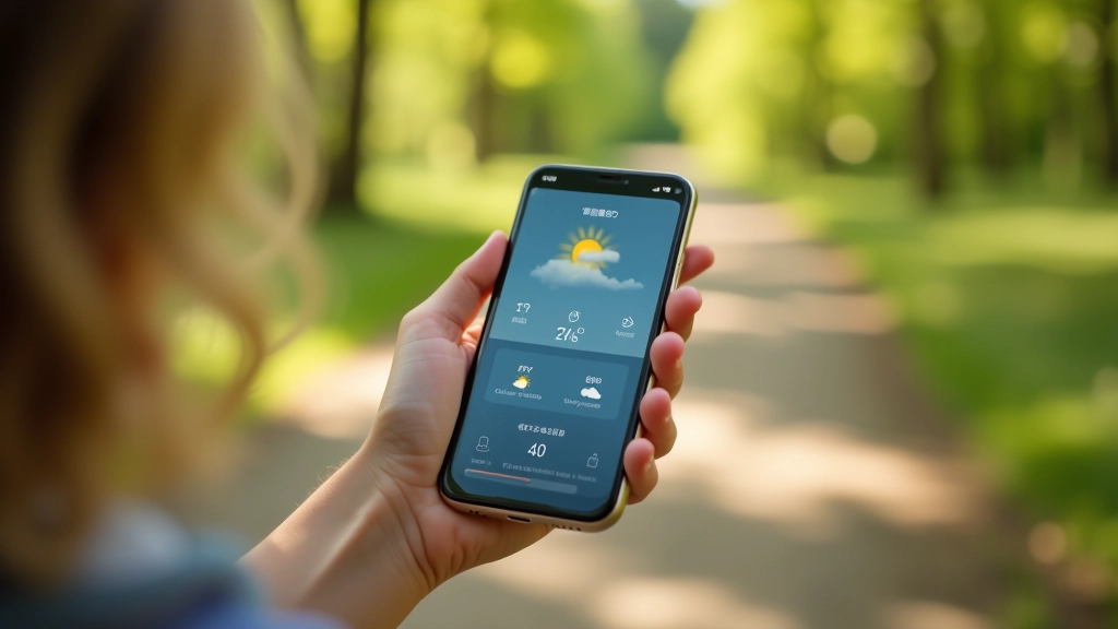 Weather forecast display on smartphone with rain prediction and temperature information for outdoor activity planning
